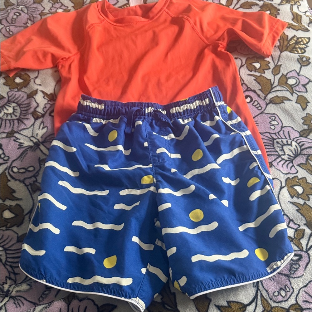 Hanna Andersson Orange Rash Guard with Blue Wave Swim Trunks